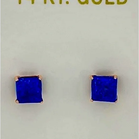 14K solid Rose Gold Genuine .98ctsBlue Opal Princess Cut Stud Earrings - Picture 3 of 12